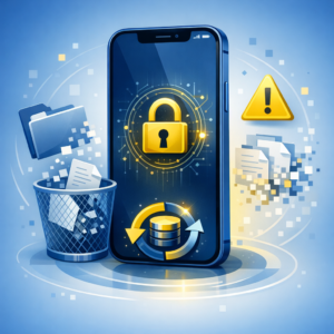 Warnung vor „Wunder-Software“: Was taugen iPhone-Data-Recovery-Tools wirklich - Modern editorial tech illustration: iPhone with lock symbol, deleted files and warning triangle, data recovery concept, clean blue and yellow color palette, professional cybersecurity style, no text