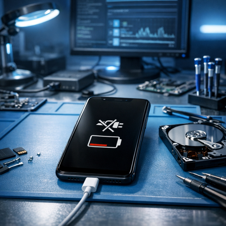 Warum lädt mein Handy nicht obwohl es angeschlossen ist - Modern professional smartphone repair and data recovery scene: a smartphone connected to a charging cable showing no charging symbol, subtle battery icon, technician workspace, clean blue technology lighting, data recovery concept, high quality realistic image, no text