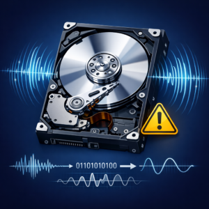 Was bedeutet das Geräusch physikalisch? - Modern technical illustration of an opened hard disk drive with visible platters, sound waves, warning icon, dark blue background, data recovery and physics concept, clean professional style