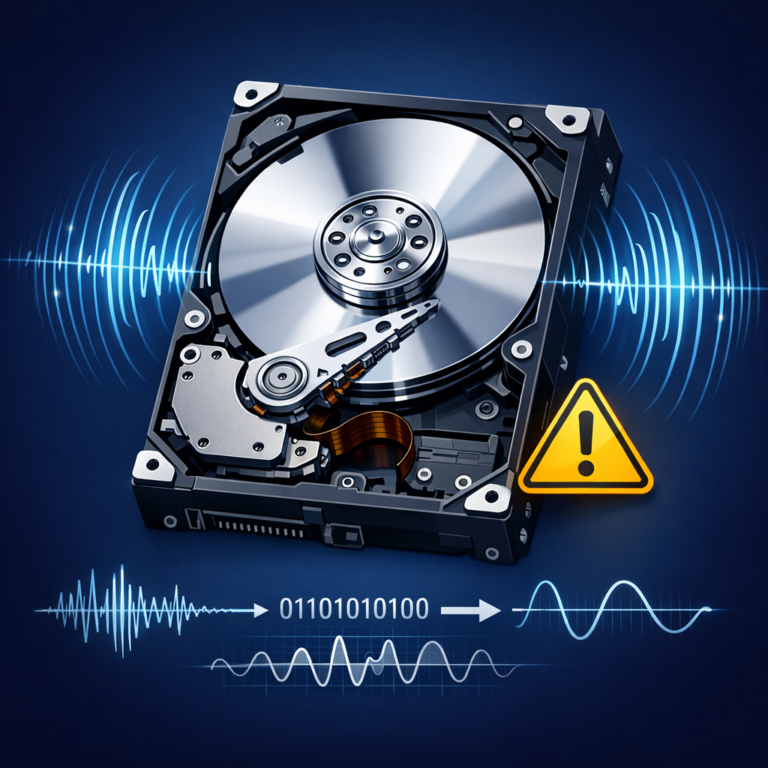 Was bedeutet das Geräusch physikalisch? - Modern technical illustration of an opened hard disk drive with visible platters, sound waves, warning icon, dark blue background, data recovery and physics concept, clean professional style