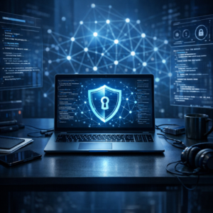 Was bedeutet Penetration Testing? - Modern cybersecurity concept for penetration testing: ethical hacker workspace with laptop, shield icon, network nodes, code overlays, blue and dark tones, professional clean tech style
