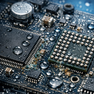 Wasserschaden am Logicboard: Warum Ultraschallreinigung oft nicht reicht und Korrosion unter den ICs sitzt - Macro photo style of a damaged computer logicboard with visible water droplets, corrosion traces near IC chips and BGA components, professional electronics repair lab lighting, sharp detailed motherboard, blue technical background, no text