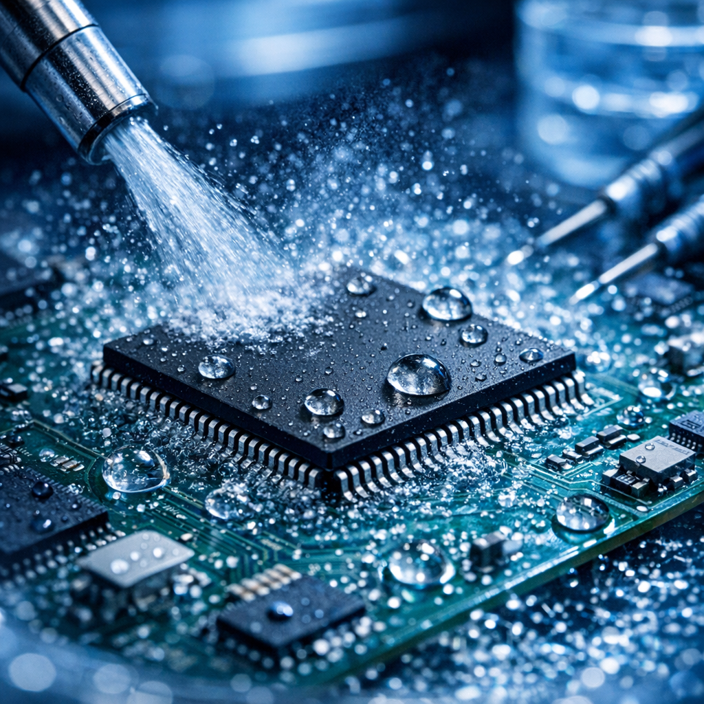 Wasserschaden-Sanierung unter den Chips (Unterspülung & Ultraschall) - Professionelle Elektronik-Reparatur: Nahaufnahme einer Leiterplatte mit Mikrochip, sichtbare Wassertropfen, Ultraschallreinigung und Labor-Atmosphäre, modern, technisch, sauber, blaues Licht, realistisch