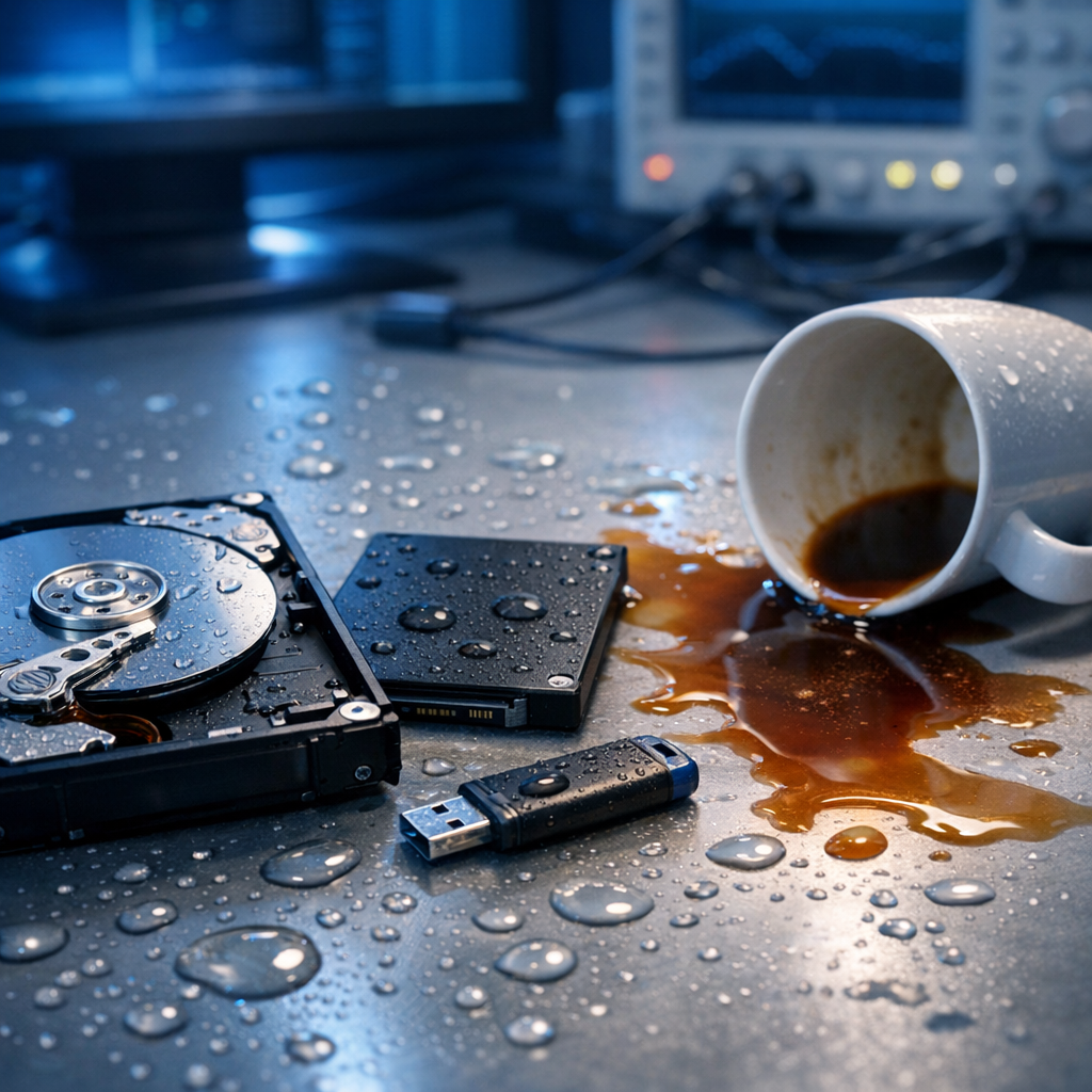Wasserschaden und Kaffee-Unfälle bei Datenträgern: Alles zur Datenrettung - Modern professional data recovery scene: water droplets and spilled coffee near a hard drive, SSD and USB stick on a clean desk, blue technical lighting, safe diagnostics atmosphere, no text, realistic high quality