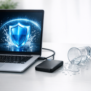 Wasserschaden vorbeugen: So schützen Sie Ihre Daten vor Flüssigkeitsschäden - Modernes realistisches Beitragsbild: Laptop und externe Festplatte auf einem sauberen Schreibtisch, daneben ein umgestoßenes Wasserglas mit sicherem Abstand, blaue Schutzschild-Visualisierung, Thema Datensicherheit vor Flüssigkeitsschäden, professionell, hell, technisch, ohne Text
