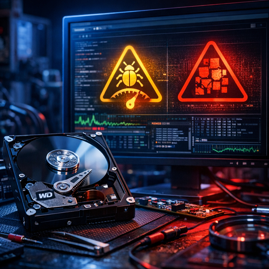Western Digital „Slow Responding Bug“ (Relocation-Listen-Overload) - Modern technical data recovery scene with Western Digital hard drive on workbench, glowing firmware diagnostics screen, warning symbols for slow responding bug and bad sectors, clean professional blue red lighting, realistic macro photography, no text