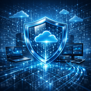 What Is IT Security? Examples and Best Practices for 2026 - Modern IT security concept for 2026: digital shield protecting cloud infrastructure, networks, laptops and data streams, blue cyber grid, professional clean technology style, no text