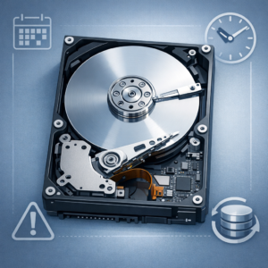 Wie lange hält eine Festplatte? (Lebensdauer von HDDs) - Modern technical illustration of an internal HDD hard drive with subtle calendar, clock, warning and backup icons, clean blue-gray IT style, professional data recovery blog header, no text