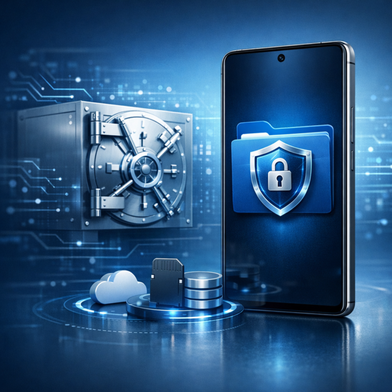 Zweitprofil- und Safe-Ordner-Datenrettung (Secure Folder / Private Space) - Modern professional data recovery concept for encrypted smartphone secure folder and private space, Android phone with shield lock icon, digital vault, blue technology background, clean corporate style, no text
