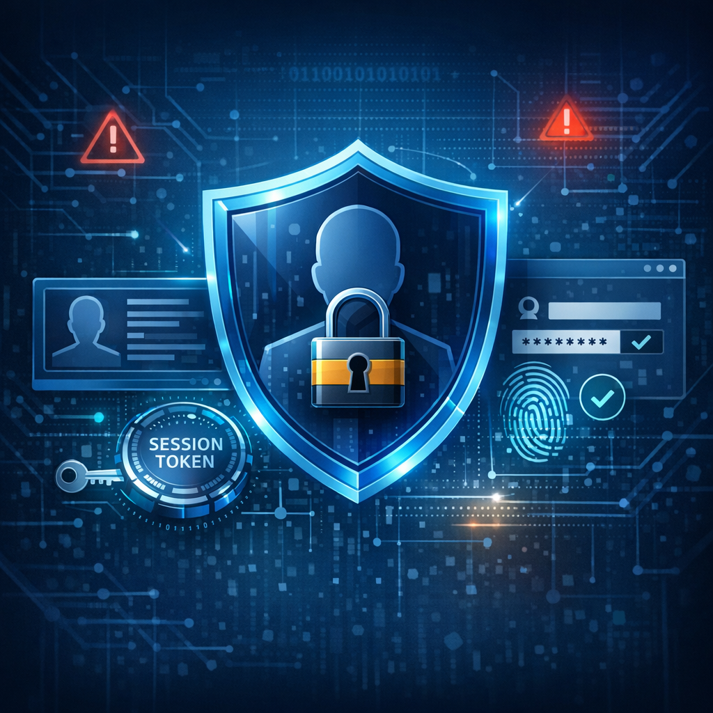 Account-Kapperung & Session-Übernahme (Account Takeover) - Modern cybersecurity illustration: digital identity protection, locked user account, session token security, dark blue tech background, shield icon, subtle warning elements, professional WordPress featured image