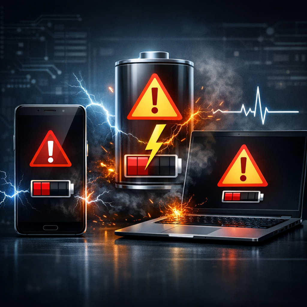 Akku-Versagen und abrupte Abschaltung - Modernes technisches Beitragsbild zu Akku-Versagen und abrupter Abschaltung: Smartphone und Laptop mit Warnsymbol, Batterie-Icon, elektrische Spannung, dunkler professioneller Hintergrund, klare IT-Ratgeber-Optik, realistisch, hochwertig