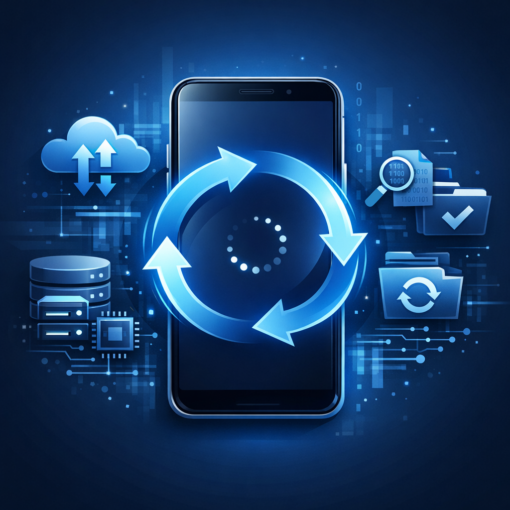 Bootloop & Dauer-Neustart: Daten sichern, wenn das Handy in einer Schleife feststeckt - Modern technical illustration of a smartphone stuck in a restart loop, circular arrows around phone, data recovery symbols, cloud backup icons, blue and dark professional color scheme, clean tech style, no text