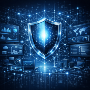 Cyber Resilience & Business Continuity (BCM) - Modern cybersecurity business continuity concept, resilient digital shield protecting business processes, network nodes, crisis management dashboard, professional blue dark corporate style, no text