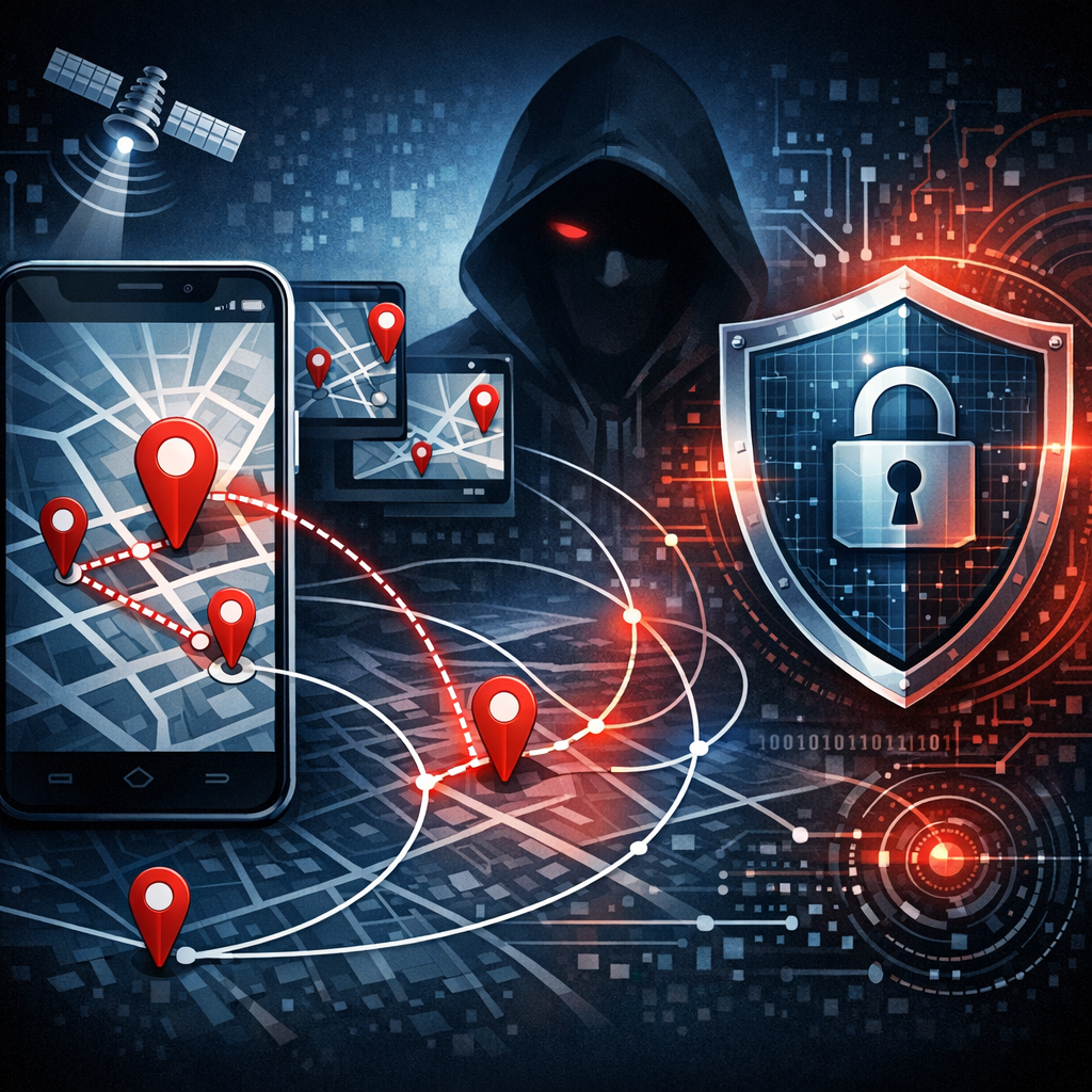 Cyber-Stalking – Auswertung von Standortdaten und Bewegungsprofilen - Modern cybersecurity illustration about cyber stalking, smartphone location data, GPS map pins, movement profile lines, digital privacy shield, dark blue and red accents, professional editorial style, no text