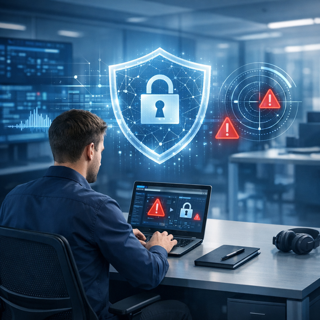 Cyberstalking im beruflichen Umfeld: Wenn Mitarbeiter überwacht werden - Modern professional cybersecurity workplace scene: employee at desk with laptop, subtle digital shield, privacy protection, abstract monitoring warning elements, corporate office, blue tones, clean realistic style, no text