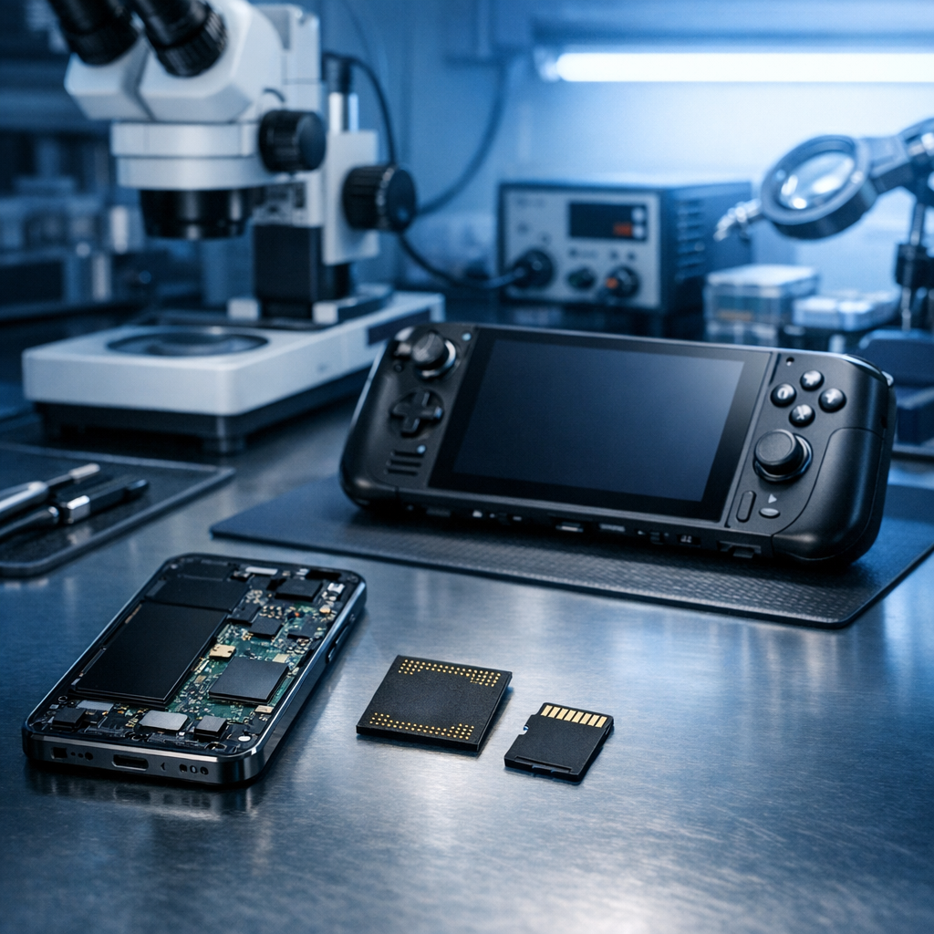 Datenrettung auf Flash-Speichern von Mobilgeräten & Gaming-Hardware - Modern professional data recovery lab scene with smartphone, gaming handheld console, microSD card and NAND flash chip on an electronics workbench, blue technical lighting, clean high-tech style, no text, realistic, sharp focus