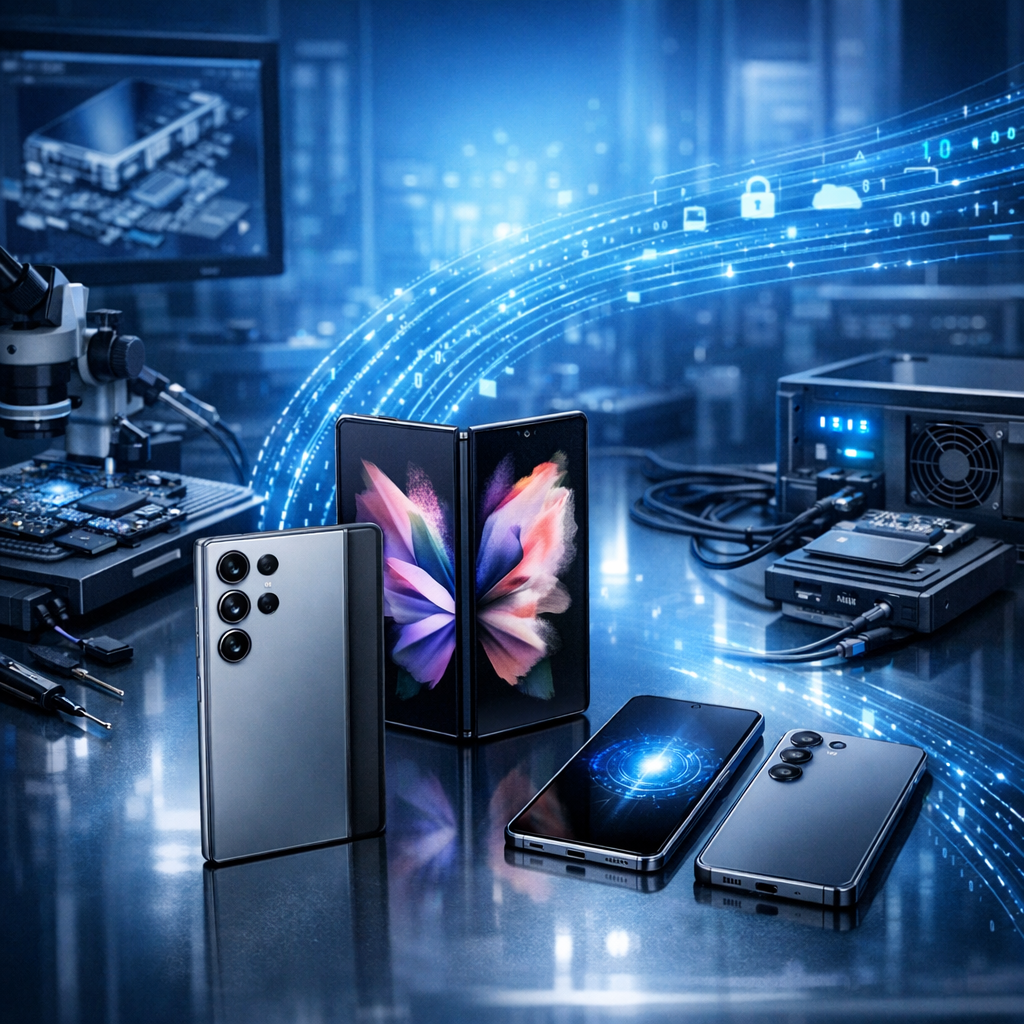 Datenrettung bei den neuesten Samsung-Modellen: Galaxy S24 / S25, Z Fold / Z Flip und A-Klasse - Modern professional data recovery scene for latest Samsung smartphones including Galaxy S series and foldable phones, clean blue technology background, secure digital data streams, repair lab atmosphere, no text