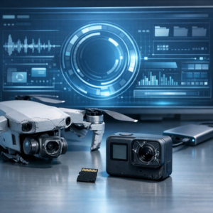 Datenrettung bei Drohnen & Actioncams - Modern professional data recovery concept for drones and action cameras: damaged drone, action camera and microSD card on a clean tech desk, subtle blue lighting, secure digital recovery interface, realistic, no text, 16:9