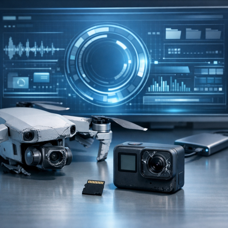 Datenrettung bei Drohnen & Actioncams - Modern professional data recovery concept for drones and action cameras: damaged drone, action camera and microSD card on a clean tech desk, subtle blue lighting, secure digital recovery interface, realistic, no text, 16:9