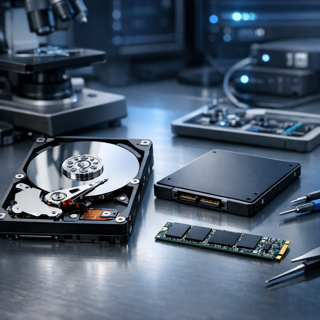 Datenrettung bei HDD, SSD & NVMe: Der ultimative Ratgeber für alle Marken & Modelle - Modern professional data recovery hero image showing HDD hard drive, SSD, and NVMe M.2 module on a clean tech workbench, subtle blue lighting, secure digital recovery concept, no text, realistic high-quality composition