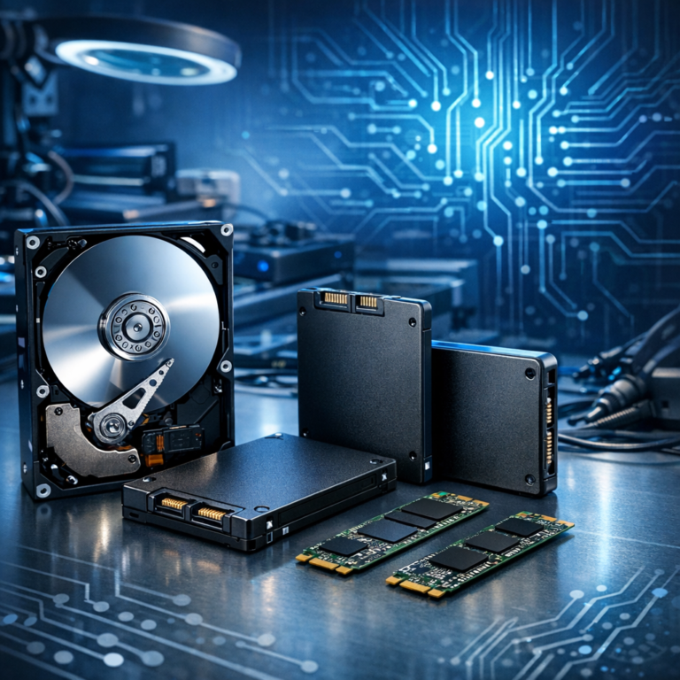 Datenrettung bei HDD, SSD & NVMe: Der ultimative Ratgeber für alle Marken & Modelle - Modern professional data recovery hero image showing HDD hard drives, SATA SSDs and M.2 NVMe modules on a clean tech workbench, blue cybersecurity style lighting, subtle circuit board background, no text, realistic, high detail