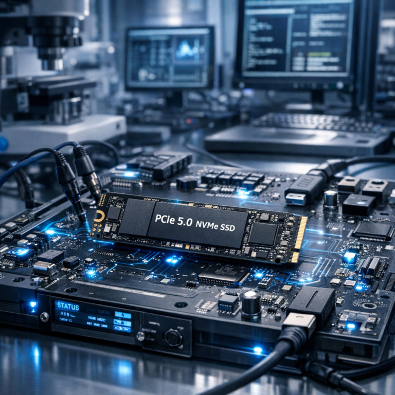 Datenrettung bei modernen NVMe-SSDs und PCIe 5.0 - Modern high-tech NVMe SSD PCIe 5.0 data recovery laboratory scene, close-up of M.2 SSD on diagnostic board, blue circuit glow, professional clean room feeling, cybersecurity and data restoration theme, realistic, sharp, premium technology visual