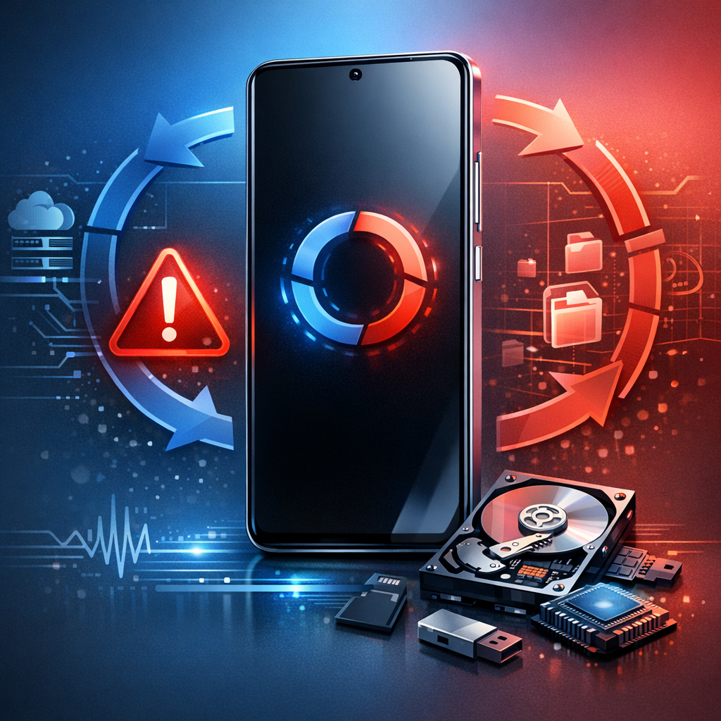 Datenverlust durch Systemabstürze & HyperOS-Loops (Xiaomi 14, Redmi Note 14 Pro+) - Modern technical illustration of a Xiaomi style smartphone stuck in a HyperOS boot loop, warning icon, data recovery theme, blue and red accents, clean professional IT service look, no text