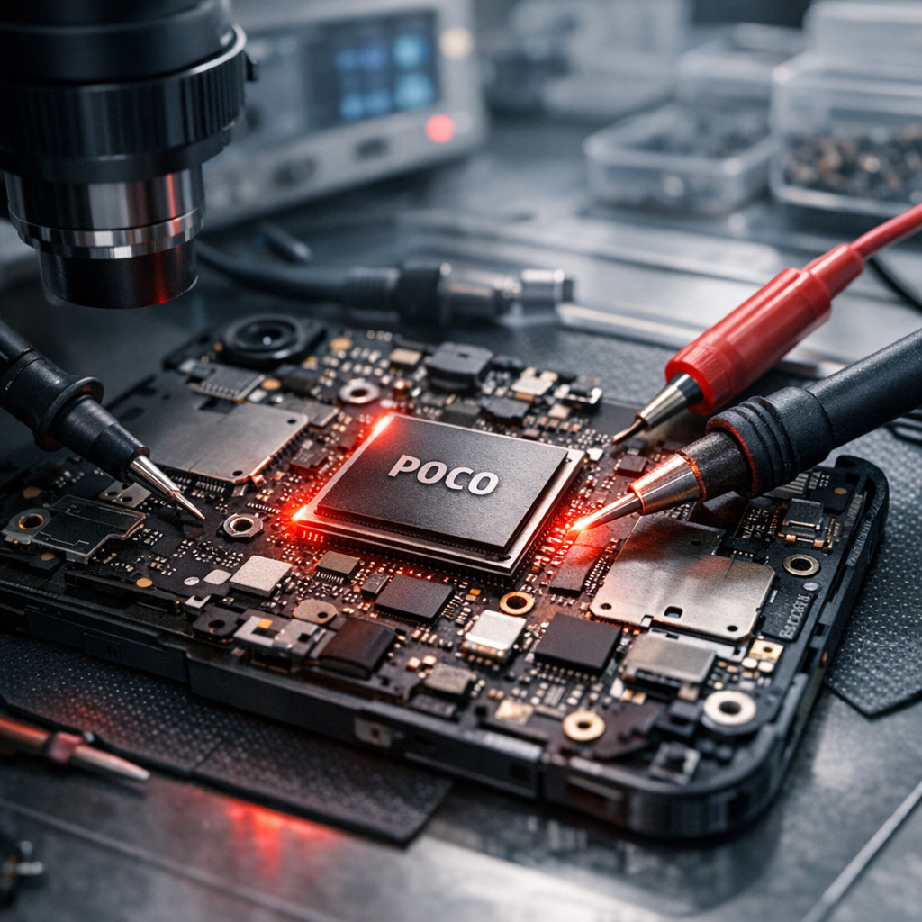 Defekte Logikplatinen & Prozessor-Probleme (Xiaomi Poco F6 Pro, Poco X6) - Modern technical close-up of a Xiaomi Poco smartphone mainboard with visible processor chip, diagnostic tools, subtle red warning glow, clean repair workshop background, professional electronics repair style, high detail