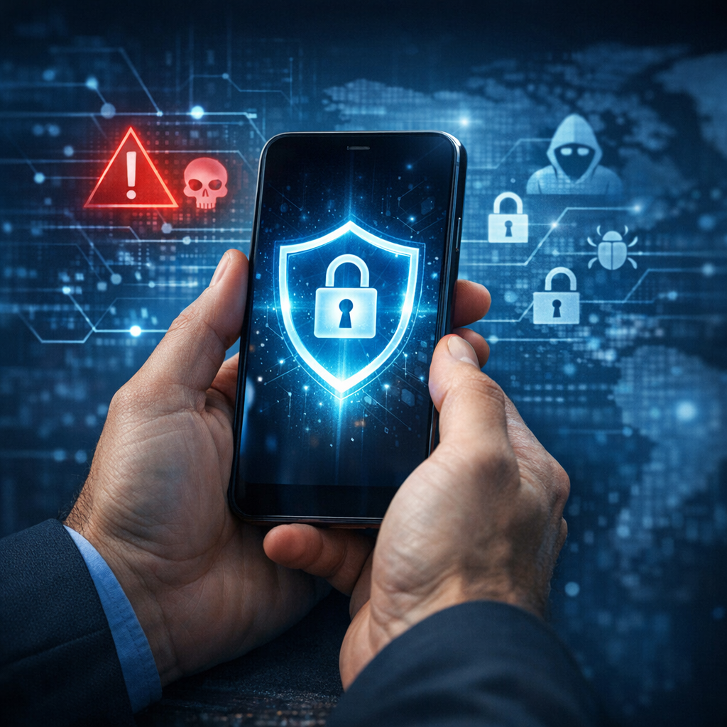 Digitale Bedrohungen für die persönliche Sicherheit und Intimsphäre - Modern cybersecurity concept: person holding smartphone with glowing shield, privacy lock icons, digital threat alerts, abstract blue technology background, professional editorial style, no text