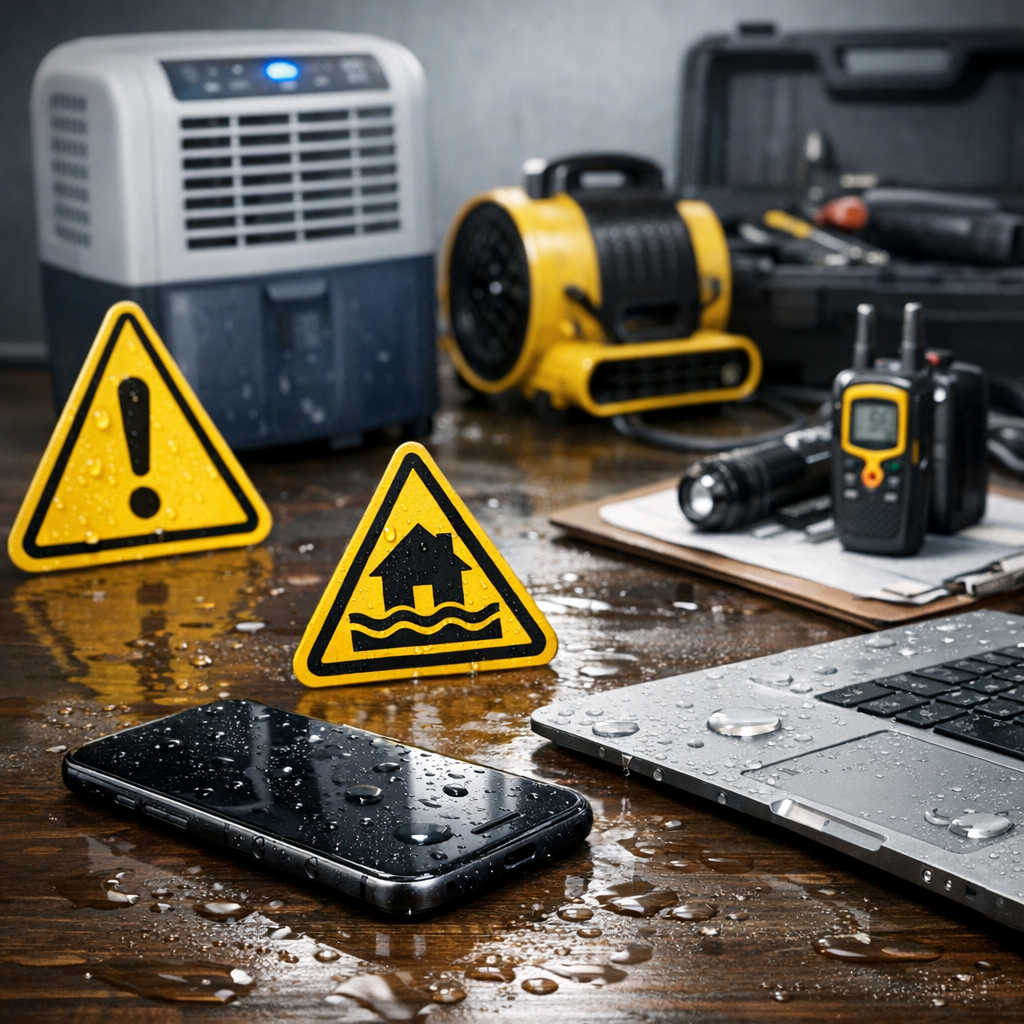 Falsche Trocknungs- und Rettungsmethoden - Modern realistic scene of water damage emergency response, wet smartphone and electronic device on a table with warning symbols, moisture droplets, dehumidifier and inspection tools in the background, clean professional lighting, no text