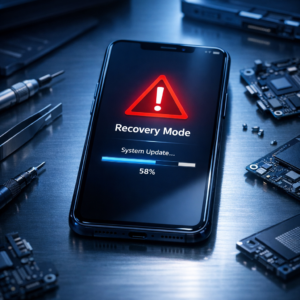 Fehlgeschlagenes Update: Was tun, wenn das Smartphone im Wiederherstellungsmodus hängt? - Modernes Smartphone mit Warnsymbol und Update-Fortschrittsbalken im Wiederherstellungsmodus, technische Reparatur-Atmosphäre, cleanes blaues Licht, professioneller Tech-Blog-Stil