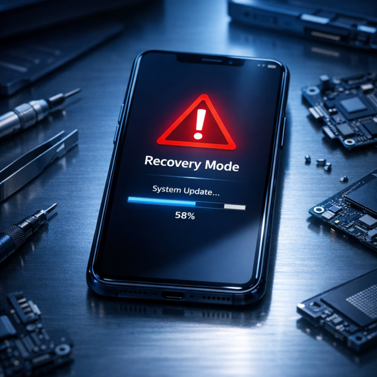 Fehlgeschlagenes Update: Was tun, wenn das Smartphone im Wiederherstellungsmodus hängt? - Modernes Smartphone mit Warnsymbol und Update-Fortschrittsbalken im Wiederherstellungsmodus, technische Reparatur-Atmosphäre, cleanes blaues Licht, professioneller Tech-Blog-Stil