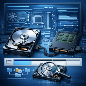 Festplatte wird nicht erkannt: Die häufigsten Ursachen in BIOS und Betriebssystem - Modern technical illustration of an internal hard drive and SSD connected to a motherboard BIOS/UEFI screen, with Windows disk management interface elements, blue professional IT style, clean lighting, data recovery theme, no text