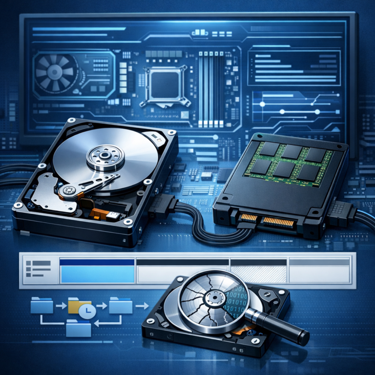 Festplatte wird nicht erkannt: Die häufigsten Ursachen in BIOS und Betriebssystem - Modern technical illustration of an internal hard drive and SSD connected to a motherboard BIOS/UEFI screen, with Windows disk management interface elements, blue professional IT style, clean lighting, data recovery theme, no text