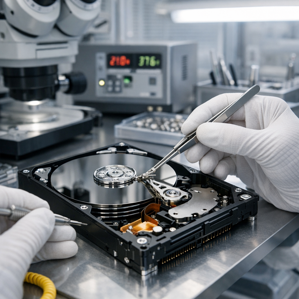 Festplatten Datenrettung: Warum Helium-Festplatten besonders anspruchsvoll sind - Professionelle Datenrettung einer geöffneten Helium-Festplatte im Reinraum, moderne HDD-Platter, technische Laborumgebung, seriös, hochwertig