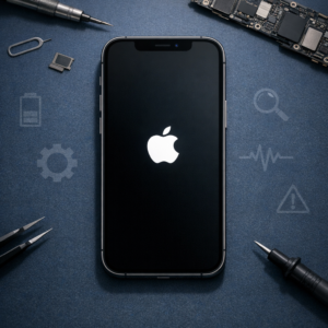 Feststecken in der Boot-Schleife / Apple-Logo (iPhone 15 Pro Max, iPhone 14)(iPhone 14 Pro, iPhone SE 3. Gen) - Modern realistic technical illustration of an iPhone stuck on Apple logo boot loop, dark blue repair desk background, subtle diagnostic icons, professional smartphone troubleshooting theme, clean lighting, no text