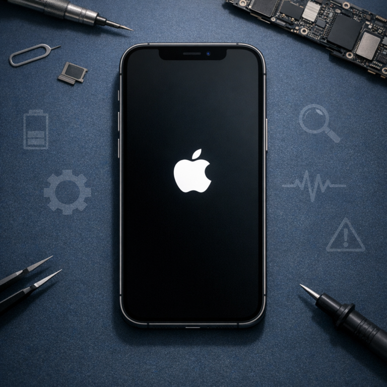 Feststecken in der Boot-Schleife / Apple-Logo (iPhone 15 Pro Max, iPhone 14)(iPhone 14 Pro, iPhone SE 3. Gen) - Modern realistic technical illustration of an iPhone stuck on Apple logo boot loop, dark blue repair desk background, subtle diagnostic icons, professional smartphone troubleshooting theme, clean lighting, no text