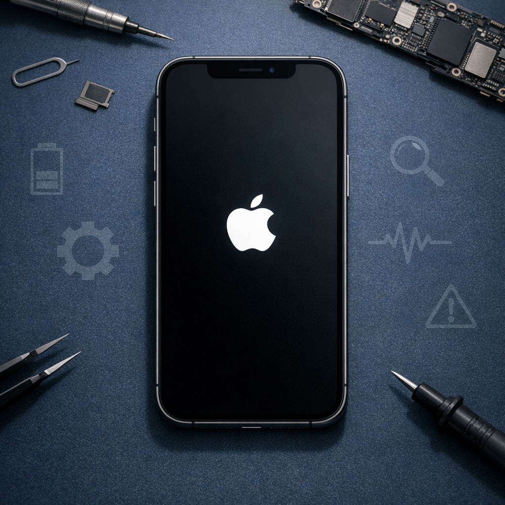 Feststecken in der Boot-Schleife / Apple-Logo (iPhone 15 Pro Max, iPhone 14)(iPhone 14 Pro, iPhone SE 3. Gen) - Modern realistic technical illustration of an iPhone stuck on Apple logo boot loop, dark blue repair desk background, subtle diagnostic icons, professional smartphone troubleshooting theme, clean lighting, no text