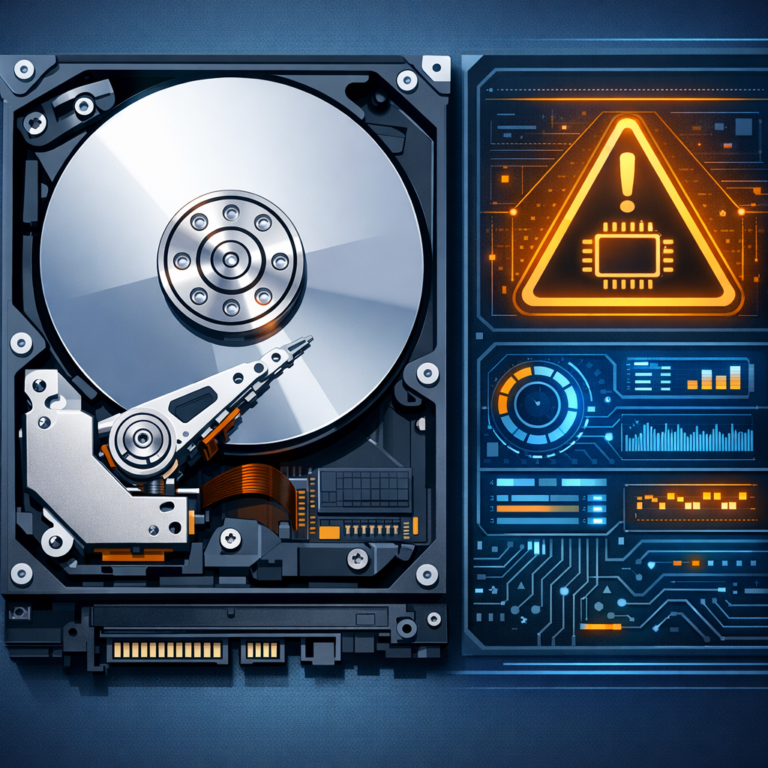 Firmware-Lock / BSY-Fehler („Busy State“) - Modern technical illustration of an opened hard disk drive with firmware warning symbol, SATA connector, digital diagnostic interface, blue and orange color scheme, clean professional data recovery style, no text