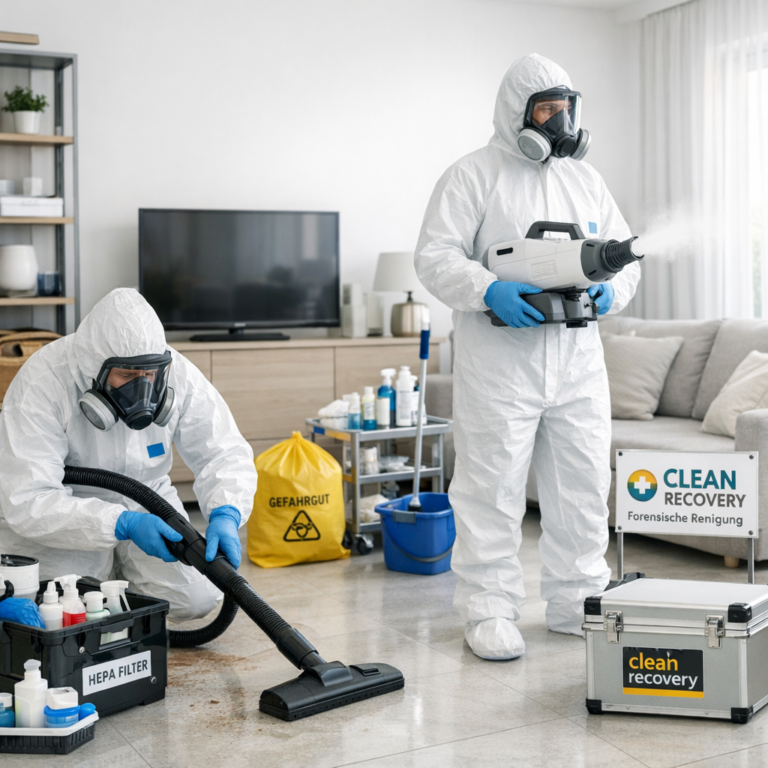 Forensische Reinigung („Clean Recovery“) - Professionelle forensische Reinigung Clean Recovery: diskreter Spezialreinigungs-Einsatz in einem modernen Raum, Schutzanzug, Reinigungsgeräte, hygienisch, seriös, helles realistisches Foto, keine Gewalt, keine Blutdarstellung