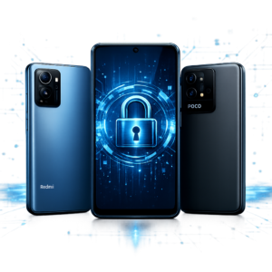Gesperrtes Gerät oder vergessenes Entsperrmuster? Hilfe für Redmi 14C, Poco M6 & weitere Xiaomi-Modelle - Modernes Smartphone mit Schloss-Symbol, Xiaomi Redmi und Poco Geräte, digitale Sicherheit, blaues technisches Design, clean, professionell, ohne Text