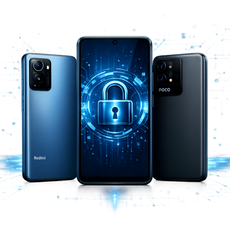 Gesperrtes Gerät oder vergessenes Entsperrmuster? Hilfe für Redmi 14C, Poco M6 & weitere Xiaomi-Modelle - Modernes Smartphone mit Schloss-Symbol, Xiaomi Redmi und Poco Geräte, digitale Sicherheit, blaues technisches Design, clean, professionell, ohne Text