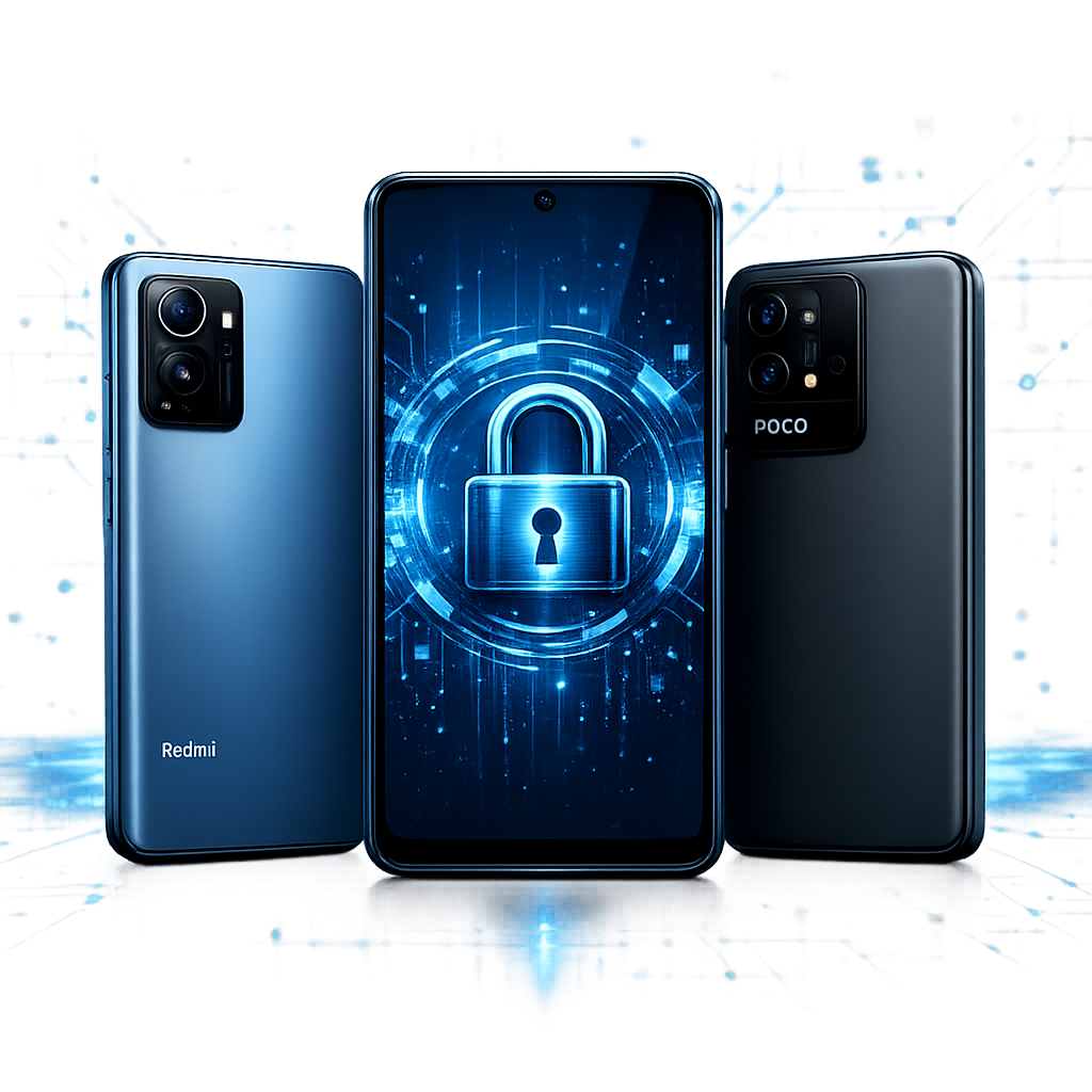 Gesperrtes Gerät oder vergessenes Entsperrmuster? Hilfe für Redmi 14C, Poco M6 & weitere Xiaomi-Modelle - Modernes Smartphone mit Schloss-Symbol, Xiaomi Redmi und Poco Geräte, digitale Sicherheit, blaues technisches Design, clean, professionell, ohne Text
