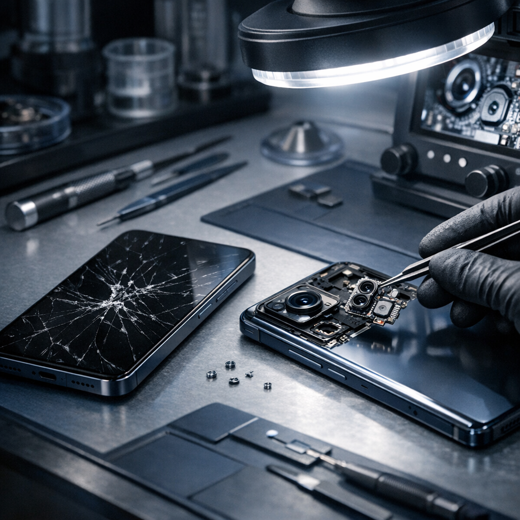 Hardware-Schäden bei Top-Modellen (Xiaomi 15 Ultra, Xiaomi 14T Pro) - Modern realistic tech repair scene with two premium Xiaomi-style smartphones on a clean workbench, one showing cracked display and camera module inspection, repair tools, diagnostic lighting, dark blue and silver color palette, professional electronics service atmosphere, no text, high detail