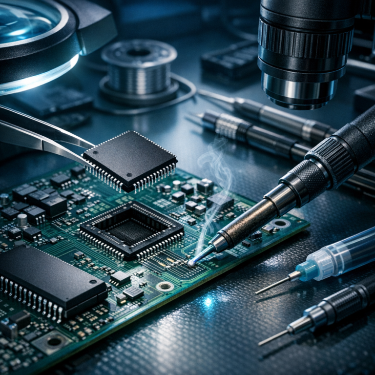 Hot-Swap-Methoden & Adaptive PCB-Rom-Transplantation - Modern technical macro illustration of a printed circuit board repair workspace, PCB controller chip, ROM memory chip transplantation, precision soldering tools, blue and teal lighting, clean professional electronics lab, high detail, no text