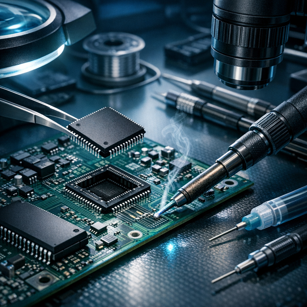 Hot-Swap-Methoden & Adaptive PCB-Rom-Transplantation - Modern technical macro illustration of a printed circuit board repair workspace, PCB controller chip, ROM memory chip transplantation, precision soldering tools, blue and teal lighting, clean professional electronics lab, high detail, no text