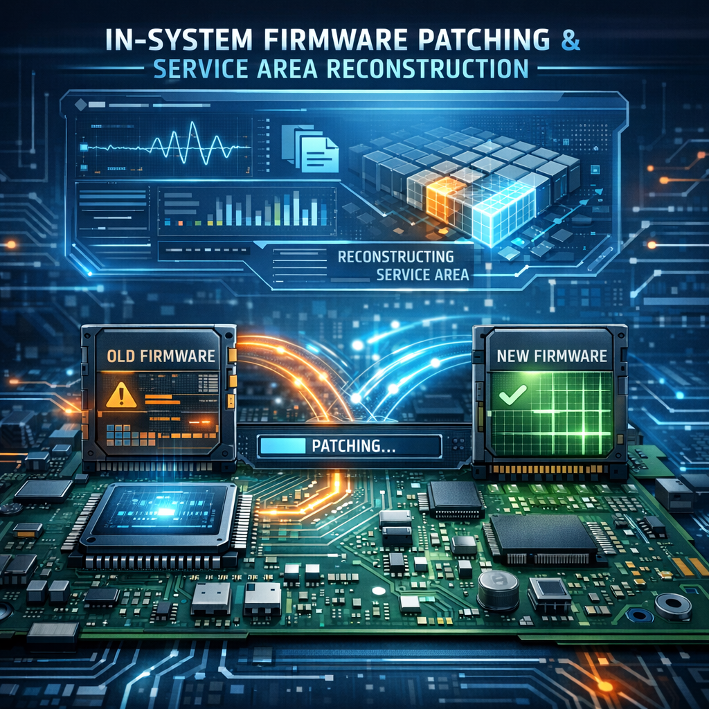 In-System Firmware-Patching & Service-Area-Rekonstruktion - Modern technical illustration of in-system firmware patching and service area reconstruction, circuit board, storage device firmware modules, glowing data pathways, diagnostic interface, clean blue cyber technology style, professional IT article header