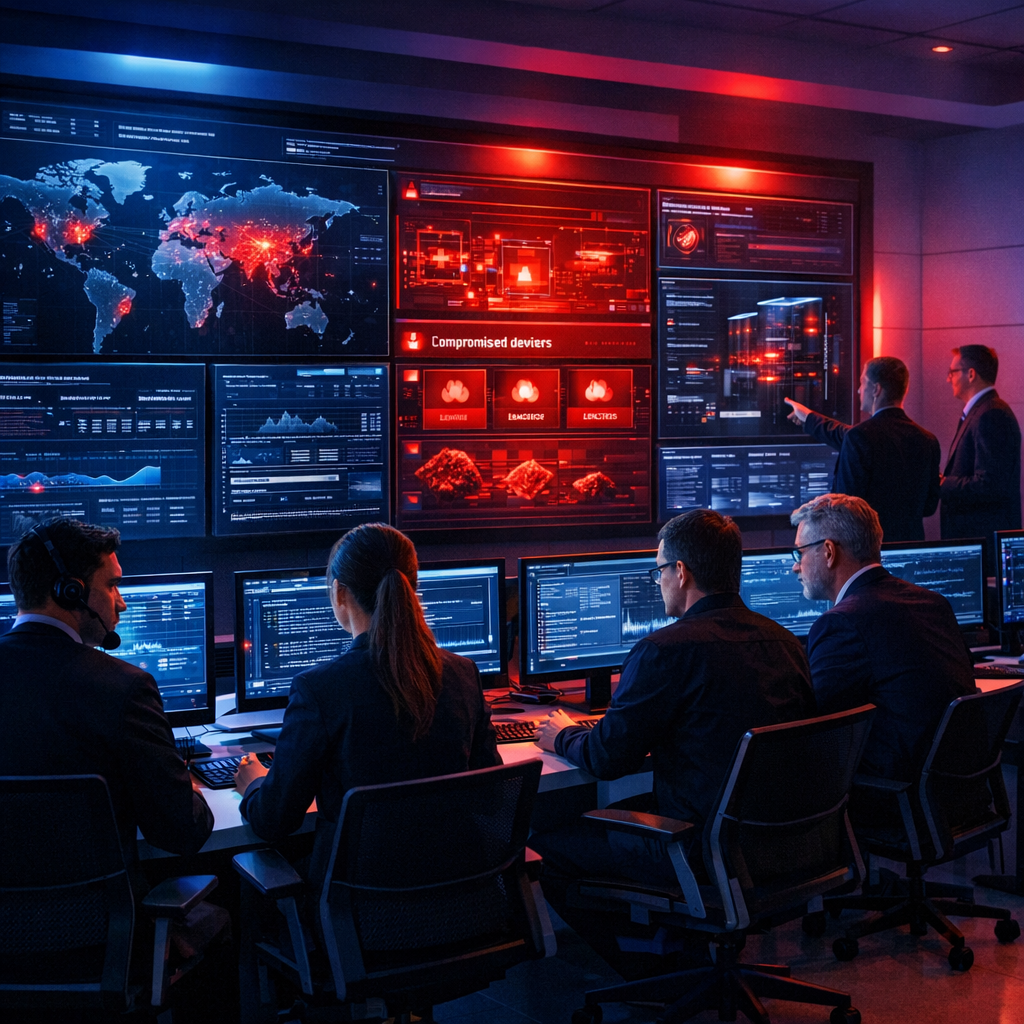 Incident Response Planning: Der Notfallplan: Was zu tun ist, wenn die Systeme bereits kompromittiert sind - Modern cybersecurity incident response command center, compromised systems alert dashboard, blue and red security lighting, professional IT emergency planning, clean corporate style, no text