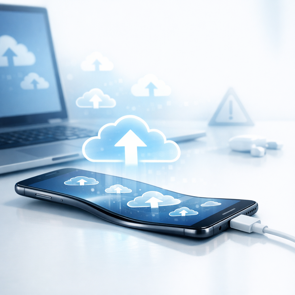 iPhone 17 Air verbogen: So sichern Sie Ihre Dateien trotz extrem dünnem Gehäuse und Rahmenschaden - Modern realistic illustration of a very thin slightly bent smartphone on a desk with cloud backup icons, cable, laptop, subtle warning symbol, clean tech style, blue and white color palette, no text