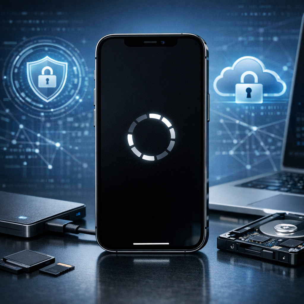 iPhone Bootloop und Datenverlust – professionelle Datenrettung statt Zurücksetzen - Modern professional data recovery scene for an iPhone stuck in bootloop: smartphone with Apple-style boot screen loop symbol, secure data icons, blue technology background, clean realistic studio lighting, no text